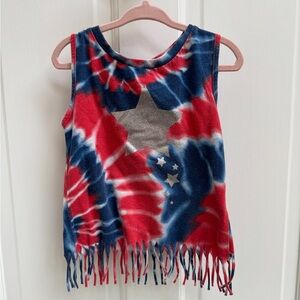 Way to Celebrate Patriotic 4-5 Girls Red White Blue Tie-Dye Fringe Blouse 4th
